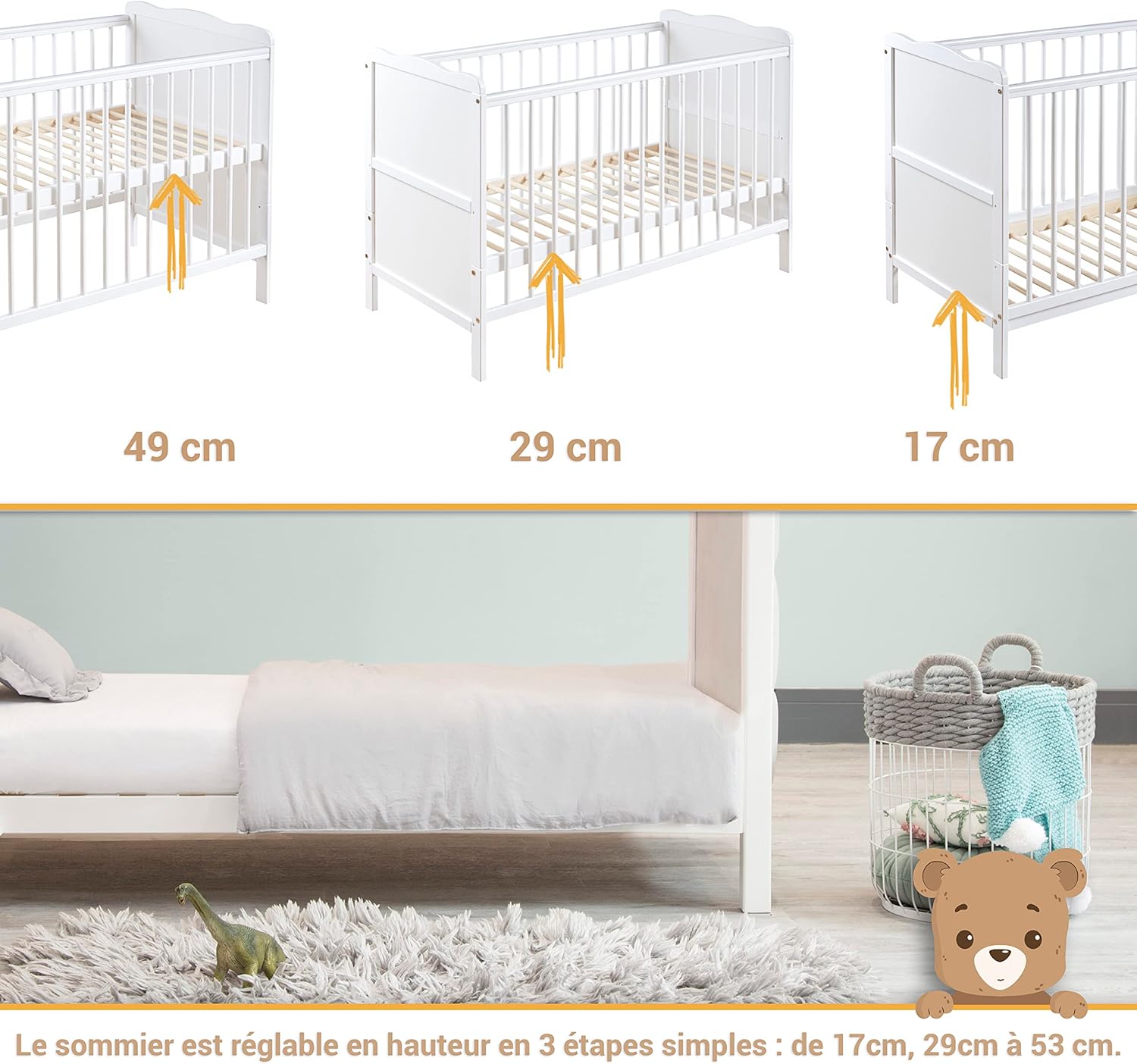 Moto-MOLTICO Lit Bébé 60x120 cm – Lit en Bois Réglable en Hauteur, Transformable en Lit Enfant avec Barrières de Protection – Lit Bébé Fille et Garçon – Blanc T-120