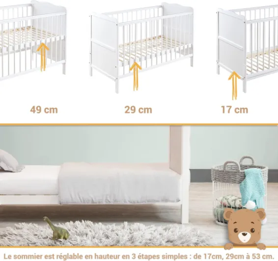 Moto-MOLTICO Lit Bébé 60x120 cm – Lit en Bois Réglable en Hauteur, Transformable en Lit Enfant avec Barrières de Protection – Lit Bébé Fille et Garçon – Blanc T-120