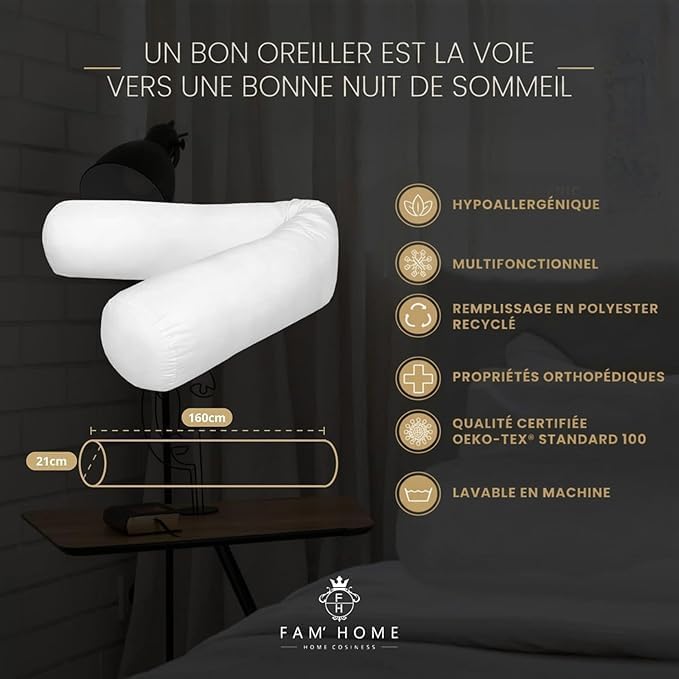 FAM Home Traversin 180 cm 1 pcs - Oreiller Traversin 21 x 180 - Polochon 180 cm pour 2 Personnes Orthopédique Respirant Lavable Fibres Creuses en Polyester Recyclé qualité hôtelière Douce traversin 21x180 cm