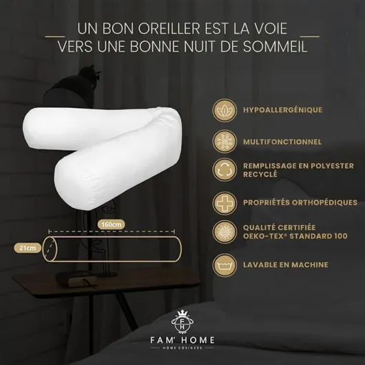 FAM Home Traversin 180 cm 1 pcs - Oreiller Traversin 21 x 180 - Polochon 180 cm pour 2 Personnes Orthopédique Respirant Lavable Fibres Creuses en Polyester Recyclé qualité hôtelière Douce traversin 21x180 cm