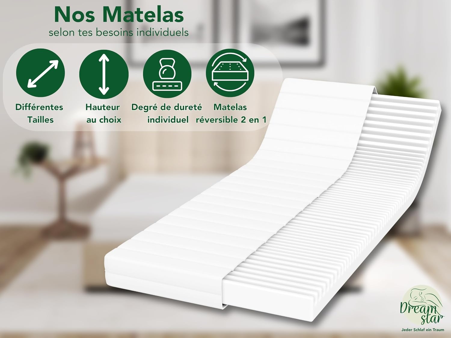 Dreamstar easy flex Matelas orthopédique, en mousse confort, 7 zones, certifié Öko-Tex, niveau de fermeté 2 et 3, 90 x 200 cm Hauteur: 11 cm 90 x 200 cm