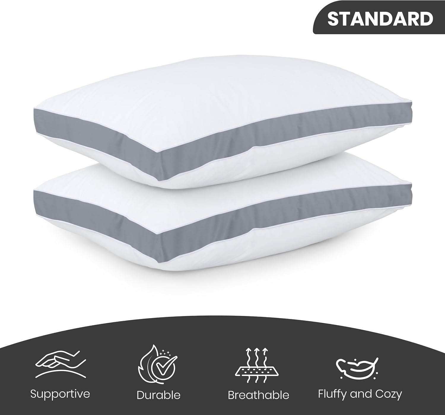 Lot de 2 oreillers de lit pour dormir de taille standard (gris) - Refroidissement de qualité hôtelière - Oreiller à soufflets pour les personnes dormant sur le dos, le ventre ou le côté Gris Standard (Pack of 2)