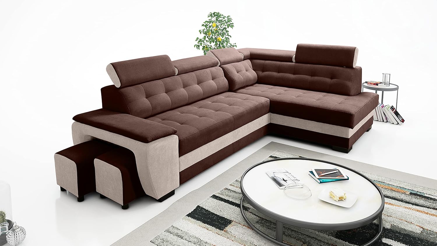 Grand Canapé d'angle Marron Crème Convertible Droit - Canapé-lit d'angle avec coffre, 2 tabourets, appuie-tête réglables et confort optimal pour le salon - Cream Droite