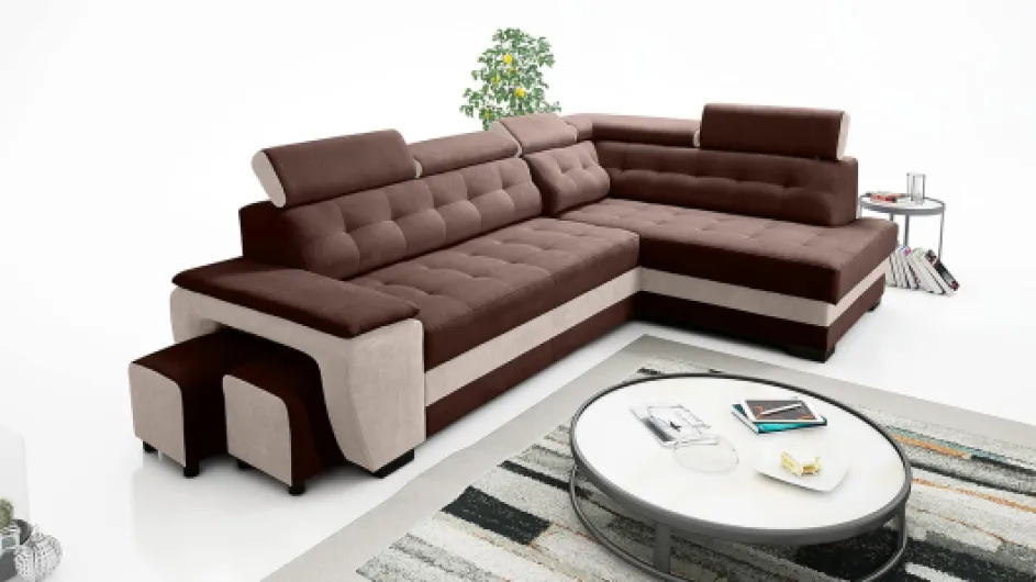 Grand Canapé d'angle Marron Crème Convertible Droit - Canapé-lit d'angle avec coffre, 2 tabourets, appuie-tête réglables et confort optimal pour le salon - Cream Droite
