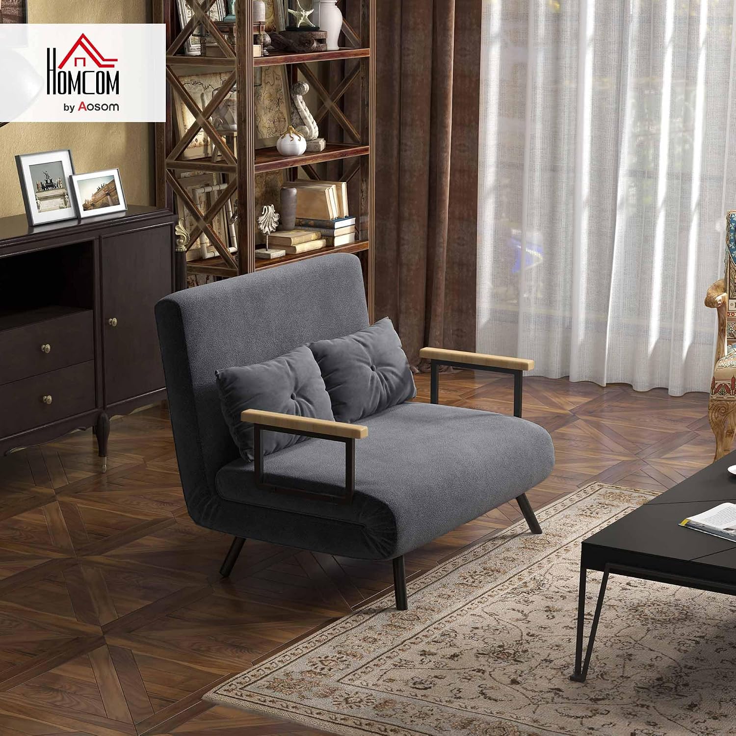 Canapé Convertible 2 Places 4 en 1 Canapé-Lit Gris - Dossier Réglable 5 Niveaux, 2 Coussins et Siège Rembourré, Tissu Effet Velours, pour Salon, Chambre d'Amis, Petit Espace