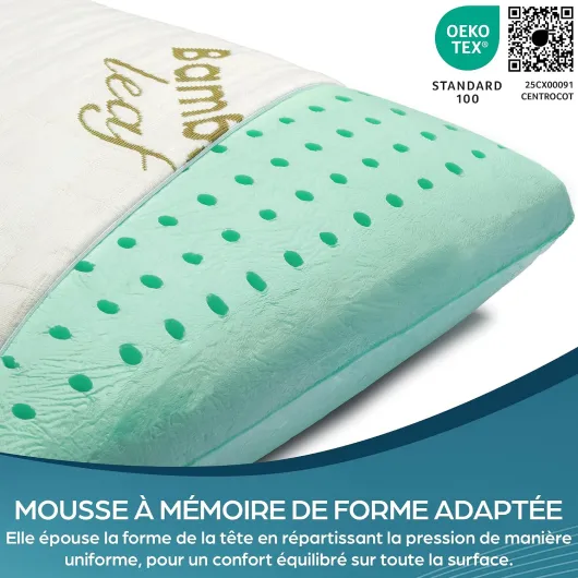 Oreiller Memorie Forme Coussin Ergonomique Cervical Idéal pour Le Soutien du Cou et de la Tête Orthopédique Anti Ronflement Anti Acarien Hypoallergénique Taie d'oreiller Bamboo Lavable