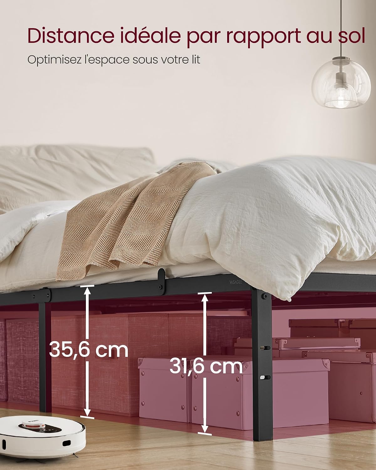Cadre de Lit 160 x 200 cm avec Sommier, Cadre en Métal Lit Double - Espace de Rangement au Dessous, Lit d'Invité, Montage Facile, Noir Mat, RMB135B01 160l x 200L x 35,6H cm Moderne