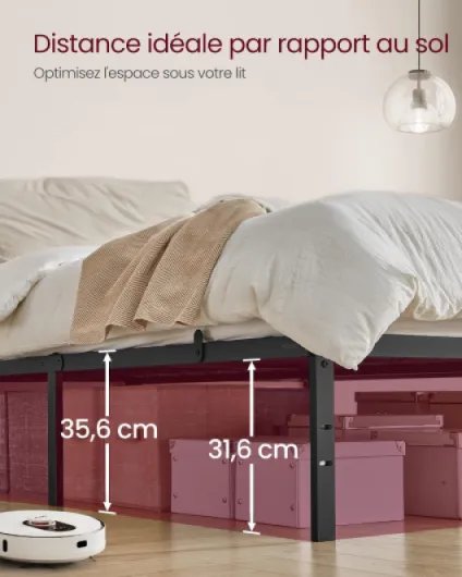 Cadre de Lit 160 x 200 cm avec Sommier, Cadre en Métal Lit Double - Espace de Rangement au Dessous, Lit d'Invité, Montage Facile, Noir Mat, RMB135B01 160l x 200L x 35,6H cm Moderne