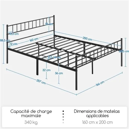 Cadre de Lit 160x200cm avec Sommier Charge Max 363kg Noir - Lit Double 2 Places en Métal Montage Facile Structure Renforcée avec Tête de Lit Minimaliste Rayée Pour Chambre Dortoir 160x200cm Noir