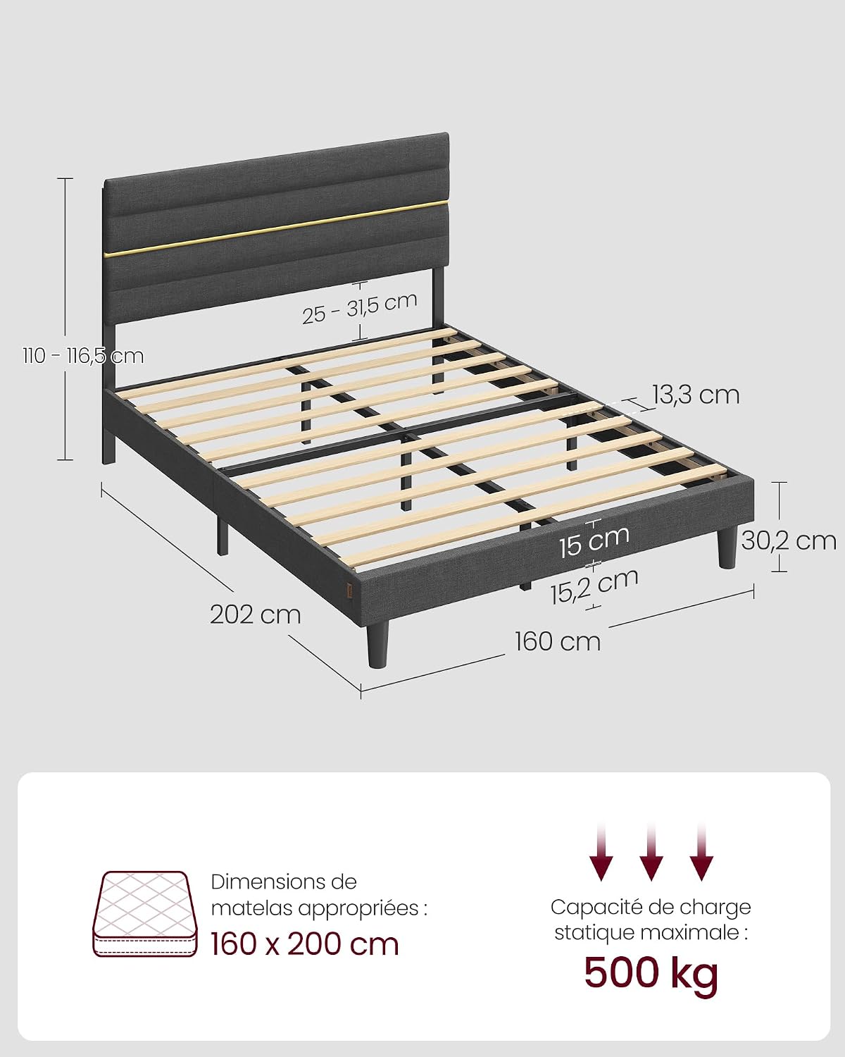 Lit Double, Cadre de Lit, Convient pour Un Matelas de 160 x 200 cm, Tête de Lit Rembourrée Ajustable, en Métal, Bois Massif, Moderne, Gris Ardoise RMB505G01 Gris Ardoise 160l x 200L x 116,5H cm lit