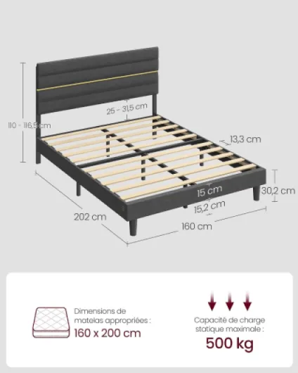 Lit Double, Cadre de Lit, Convient pour Un Matelas de 160 x 200 cm, Tête de Lit Rembourrée Ajustable, en Métal, Bois Massif, Moderne, Gris Ardoise RMB505G01 Gris Ardoise 160l x 200L x 116,5H cm lit