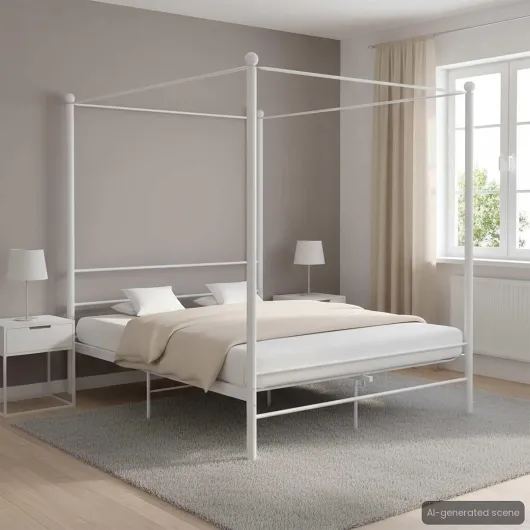 Cadre de Lit à Baldaquin Sommier à Lattes Lit Double Adulte Cadre à Lattes sur Pied Chambre à Coucher Maison Intérieur Blanc Métal 160x200 cm Blanc 160 x 200 cm