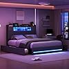 LONELYO Lit Coffre 140x190 avec Sommier LED et USB, Lit Double pour Adulte, Lit Capitonné avec Tête de Lit en Bois, Cadre en Lin Moderne, Lit 2 Personnes avec 4 Tiroirs Coulissants, Gris