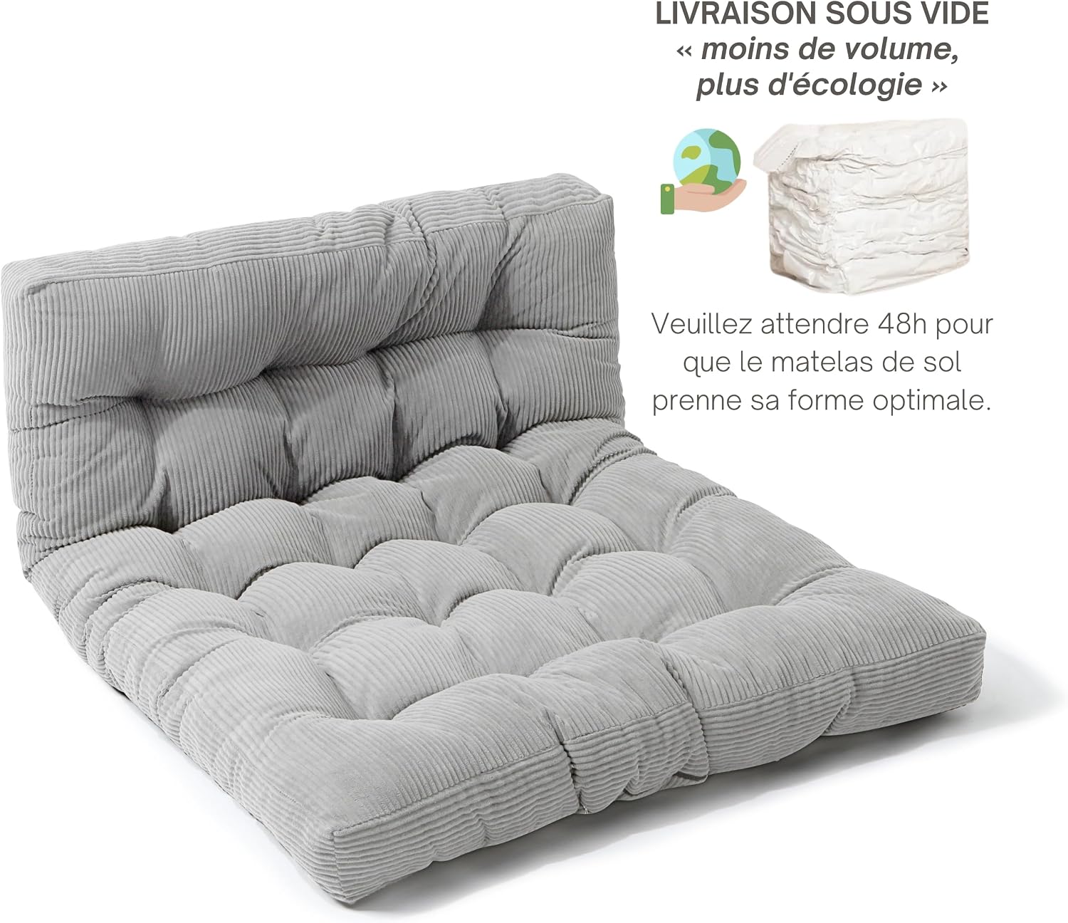 Futon 2 Places Épais & Confortable, Rembourrage en Mousse - Tissu en Velours Côtelé, Doux & Élégant - Sangles Incluses, Matelas de Sol Pliable Pratique (160x200 cm, Gris Clair) Gris Clair 160 x 200 cm