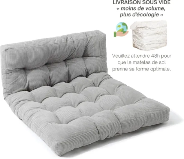 Futon 2 Places Épais & Confortable, Rembourrage en Mousse - Tissu en Velours Côtelé, Doux & Élégant - Sangles Incluses, Matelas de Sol Pliable Pratique (160x200 cm, Gris Clair) Gris Clair 160 x 200 cm