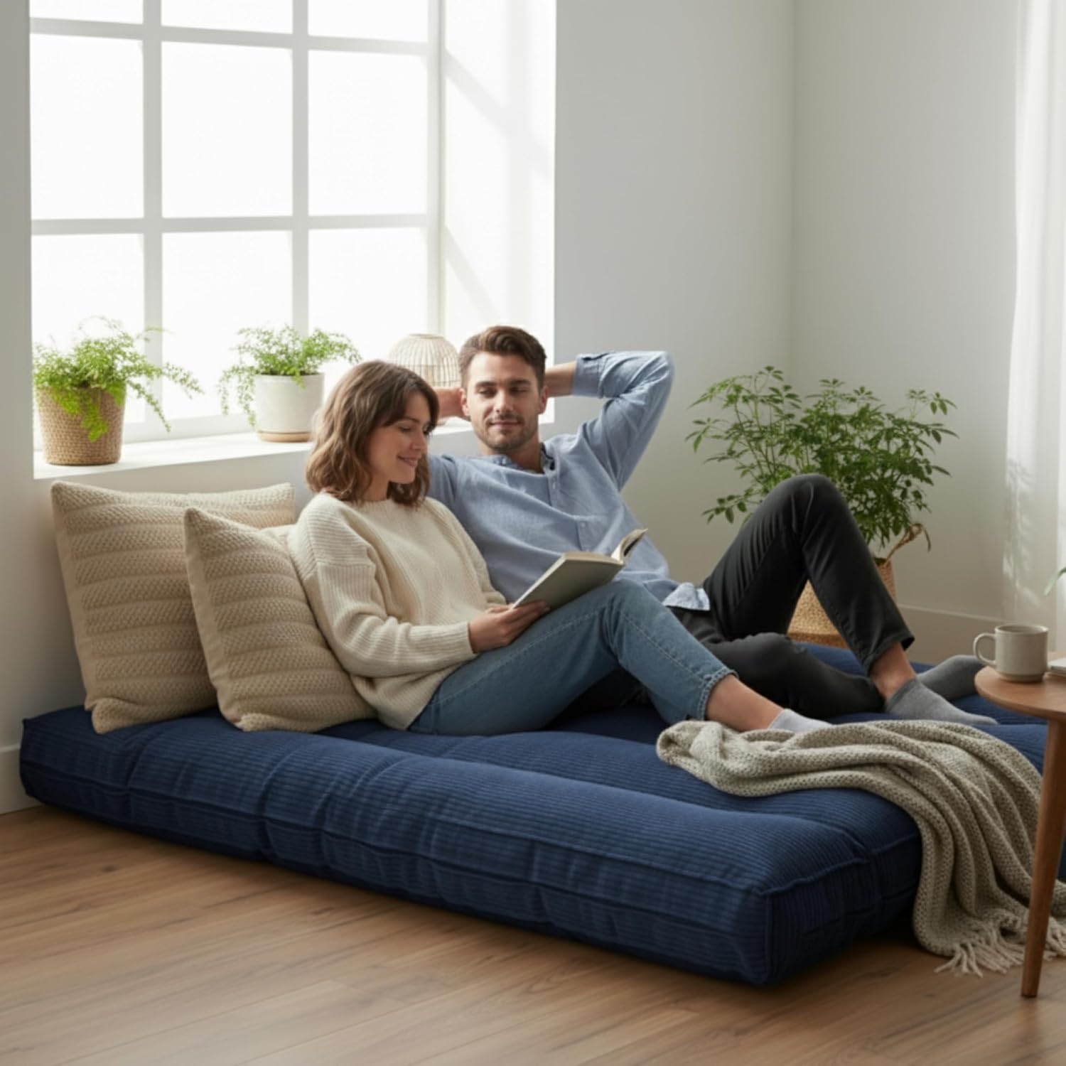 Futon 2 Places Épais & Confortable Fabriqué en France, Housse Lavable, Idéal comme Matelas de Sol ou d'Appoint - Futon Pliable, 2 Sangles de Rangement Incluses (140x190 cm, Bleu Nuit) 140x190 cm Bleu Nuit