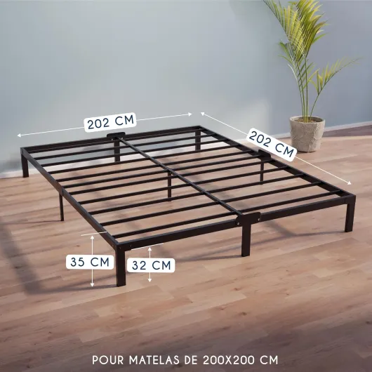 Cadre de Lit 200x200cm avec Sommier - Sommier 200x200 avec Pieds - Hauteur de 35cm - Structure Solide, Assemblage Facile et Espace de Rangement 32cm 200x200cm Hauteur de 35 cm