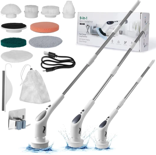 Brosse Nettoyage Electrique - Cleanverse Brosse rotative Nettoyage - IPX8 imperméable sans Fil - 137 CM Tige télescopique - Brosse Nettoyage Salle de Bain Joint -8 têtes Brosse Salle de Bain, Voiture