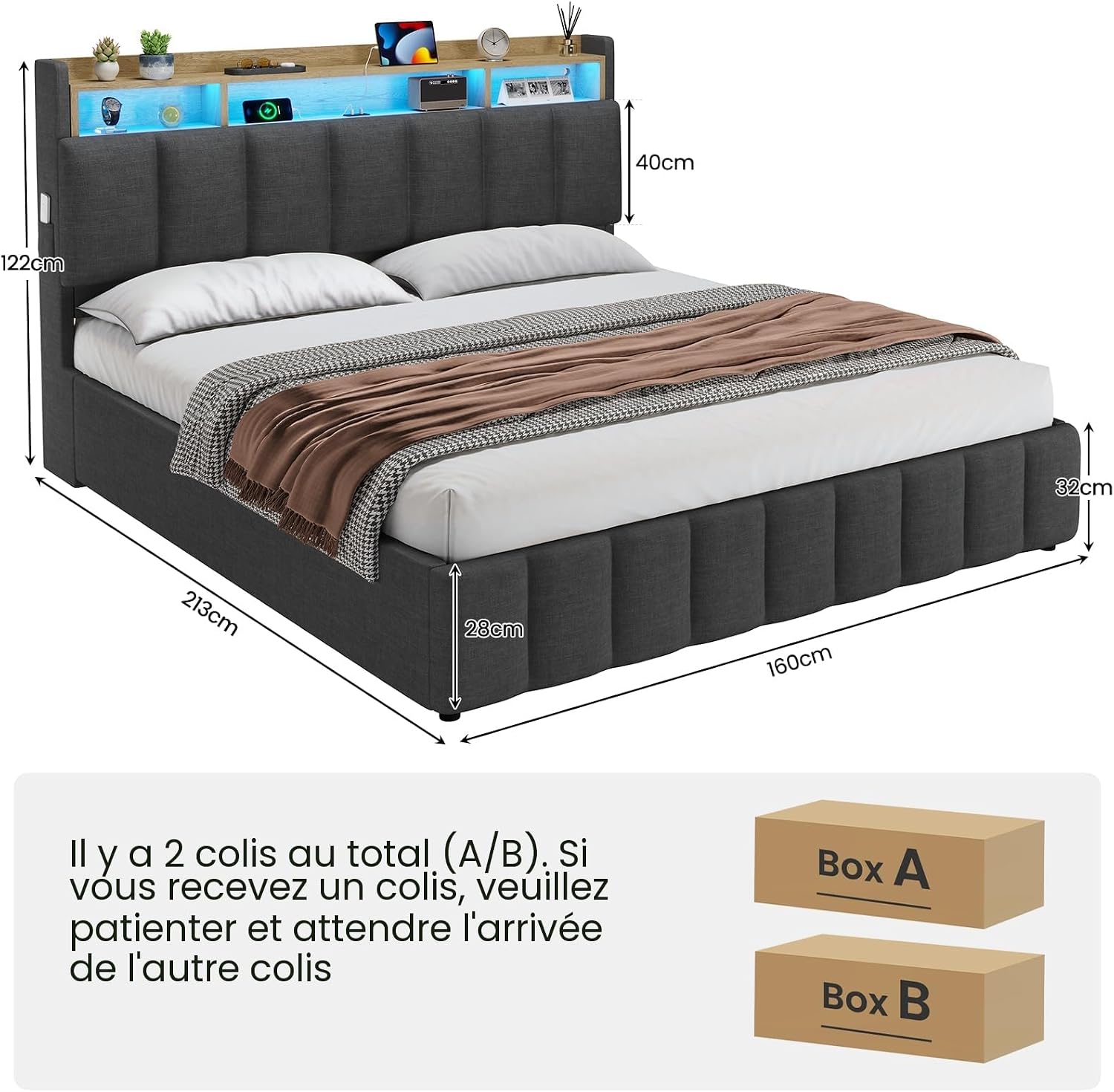 Lit Coffre 160 x 200 à LED, Lit Hydraulique avec Étagères Ouvertes et Rangement Caché en Tête de Lit Capitonné, lit 2 Personnes avec Lattes en Bois, Lits 160 x 200 avec Sommier en Lin Gris 160 X 200 Gris