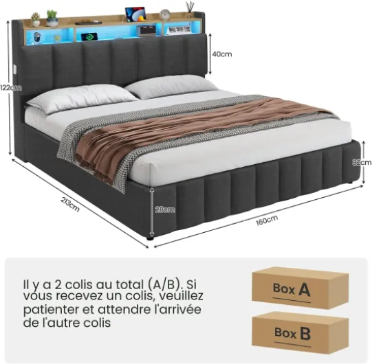 Lit Coffre 160 x 200 à LED, Lit Hydraulique avec Étagères Ouvertes et Rangement Caché en Tête de Lit Capitonné, lit 2 Personnes avec Lattes en Bois, Lits 160 x 200 avec Sommier en Lin Gris 160 X 200 Gris